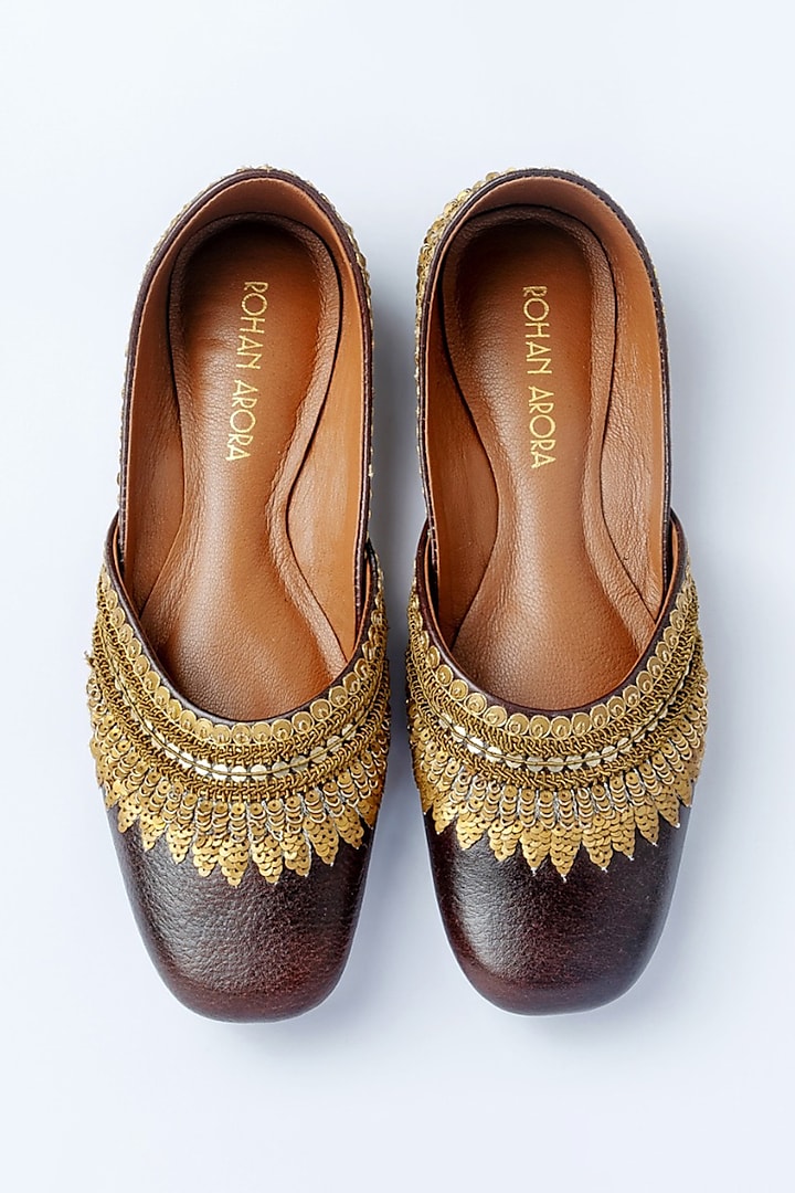 Bombay Brown Leather Zardosi Embroidered Juttis by ROHAN ARORA WOMENS at Pernia's Pop Up Shop