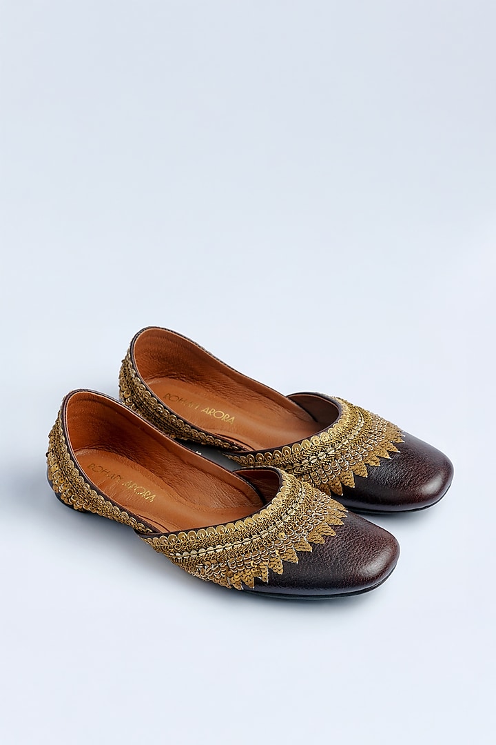 Bombay Brown Leather Zardosi Embroidered Juttis by ROHAN ARORA WOMENS at Pernia's Pop Up Shop