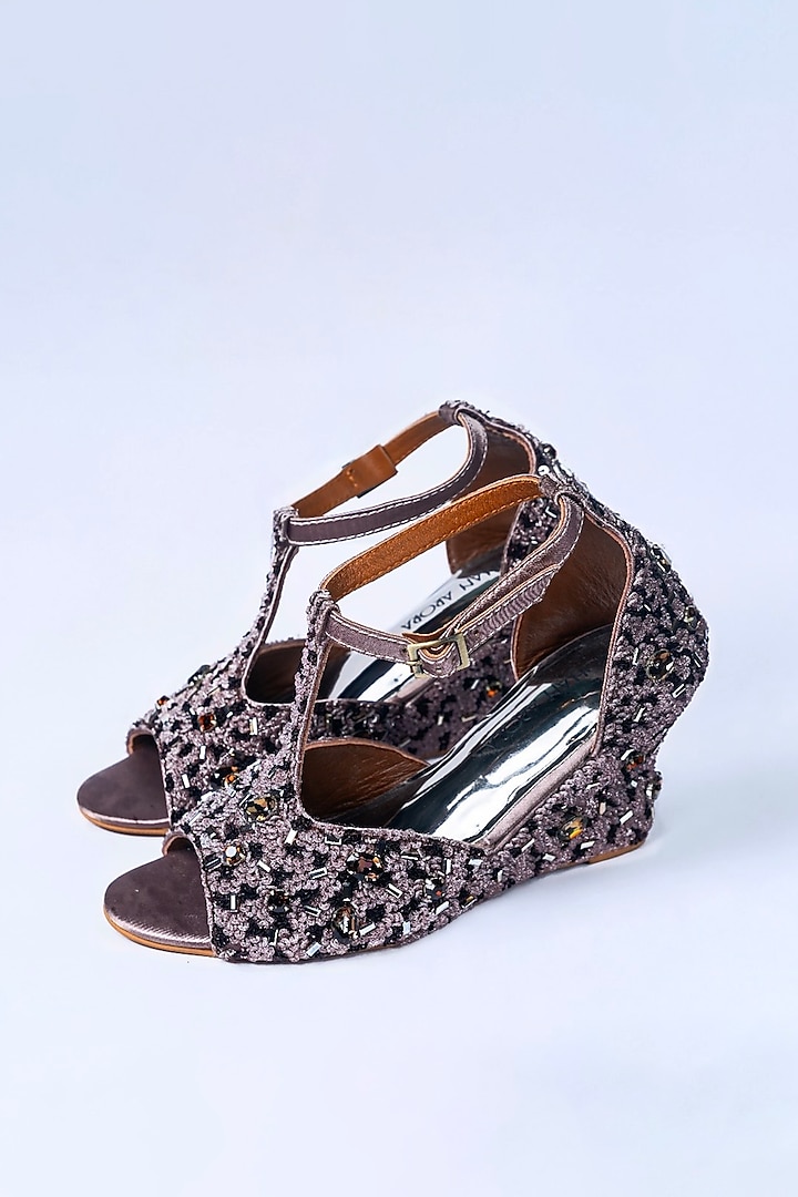 Dark Nude Satin Sequin Embroidered Wedges by ROHAN ARORA WOMENS at Pernia's Pop Up Shop