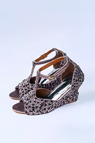 Dark Nude Satin Sequin Embroidered Wedges by ROHAN ARORA WOMENS
