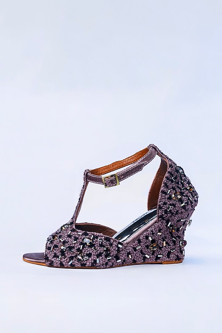 Dark Nude Satin Sequin Embroidered Wedges by ROHAN ARORA WOMENS at Pernia's Pop Up Shop