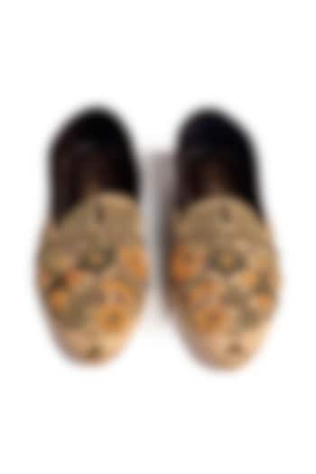 Beige & Wine Silk Resham Embroidered Juttis by ROHAN ARORA WOMENS at Pernia's Pop Up Shop