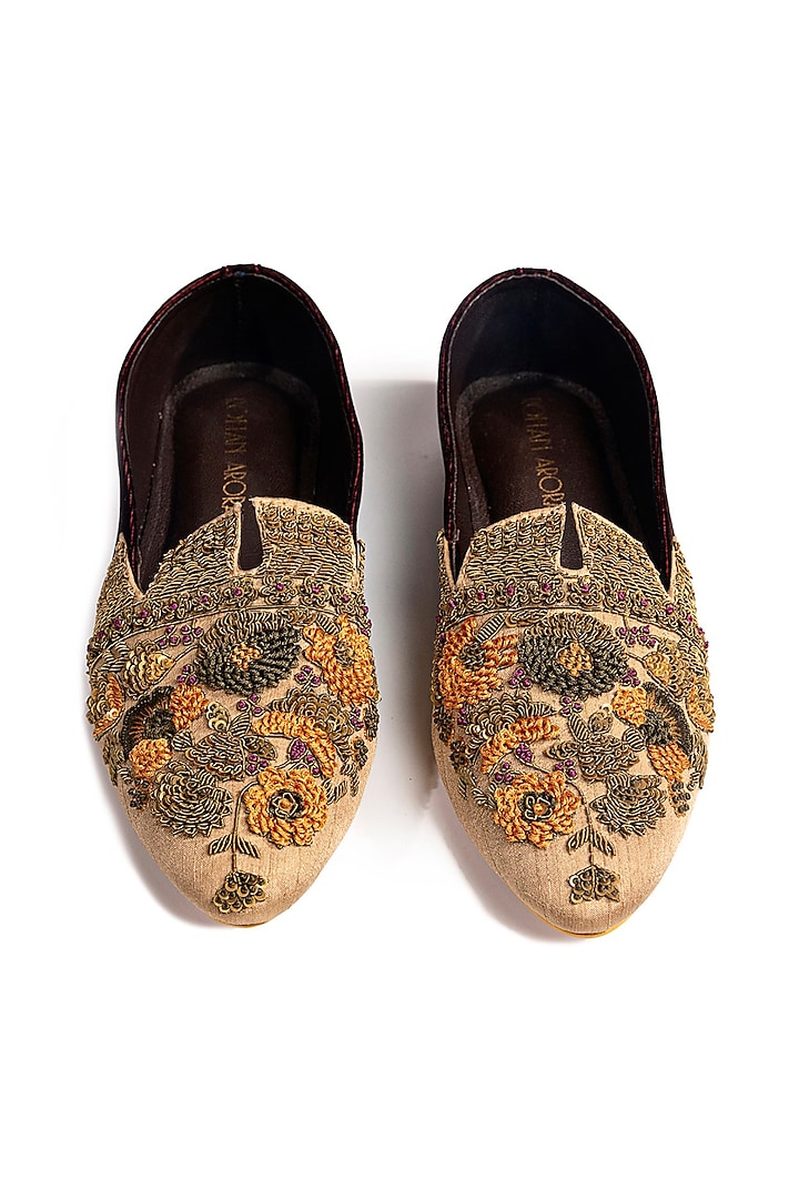 Beige & Wine Silk Resham Embroidered Juttis by ROHAN ARORA WOMENS at Pernia's Pop Up Shop