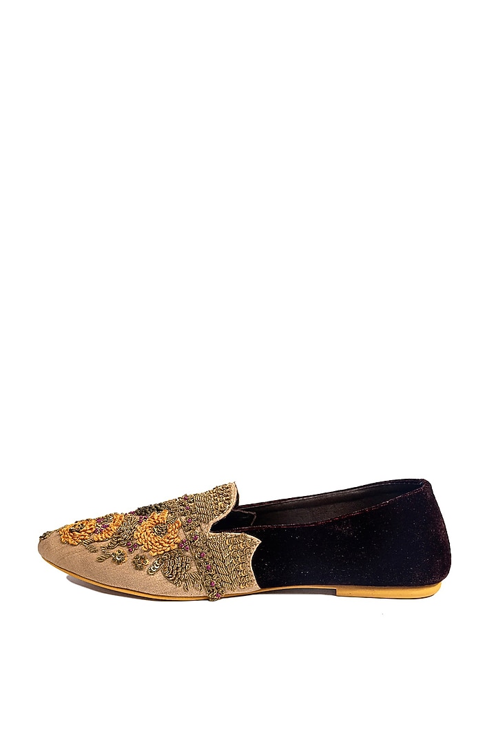 Beige & Wine Silk Resham Embroidered Juttis by ROHAN ARORA WOMENS at Pernia's Pop Up Shop