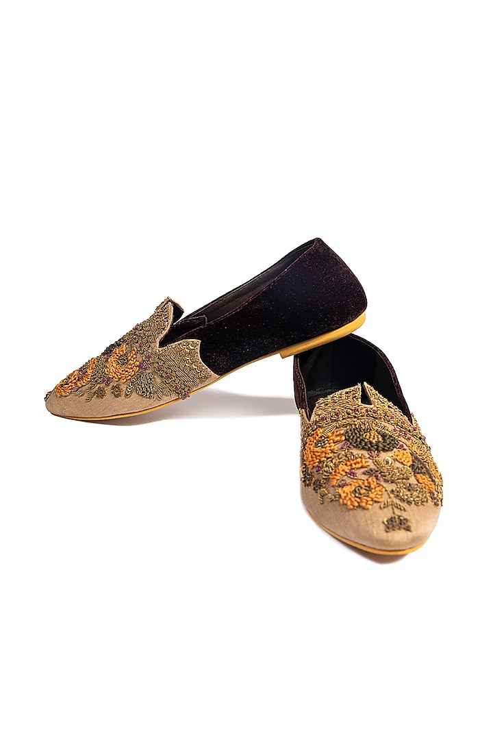 Beige & Wine Silk Resham Embroidered Juttis by ROHAN ARORA WOMENS at Pernia's Pop Up Shop