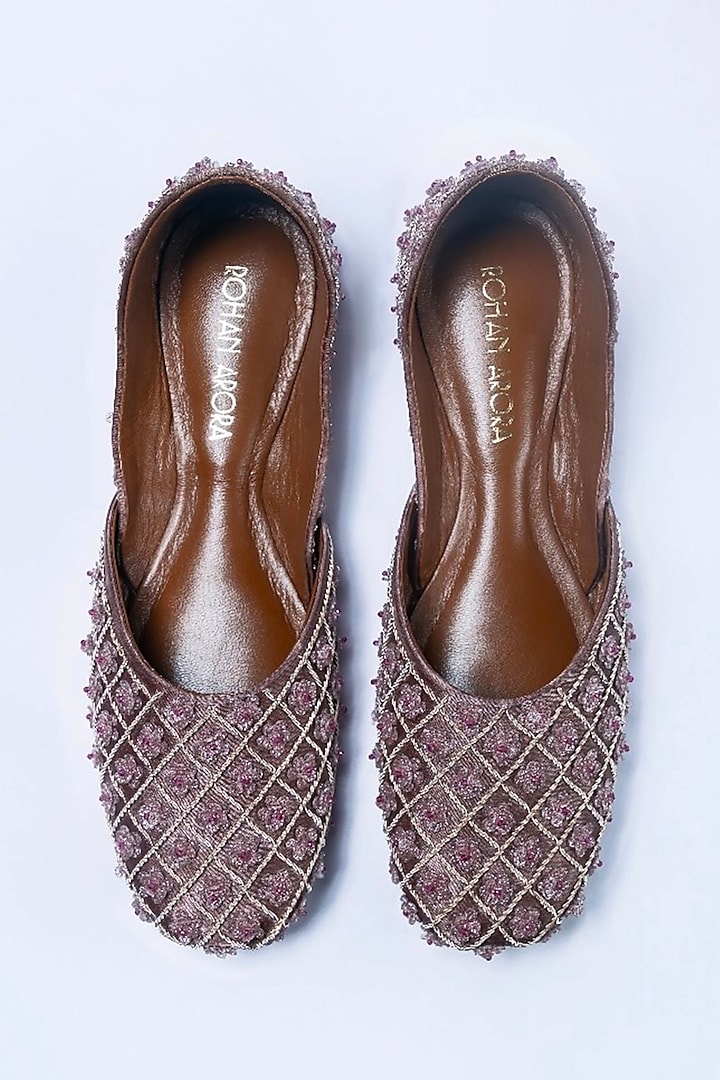 Nude Satin Zardosi Embroidered Juttis by ROHAN ARORA WOMENS at Pernia's Pop Up Shop