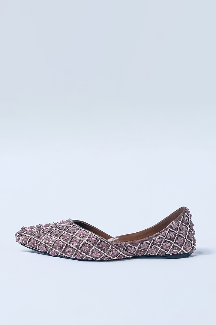 Nude Satin Zardosi Embroidered Juttis by ROHAN ARORA WOMENS at Pernia's Pop Up Shop