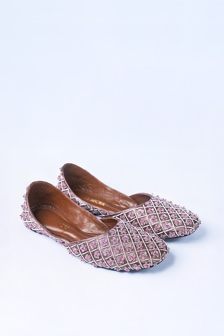 Nude Satin Zardosi Embroidered Juttis by ROHAN ARORA WOMENS at Pernia's Pop Up Shop