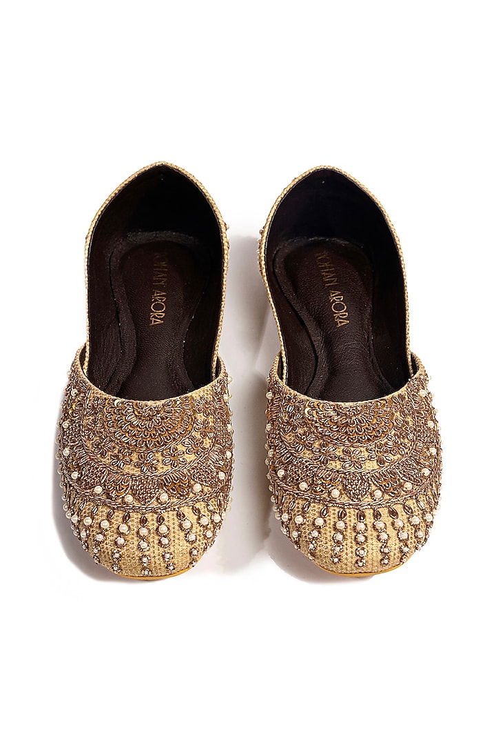 Gold Banarasi Brocade Zardosi & Moti Work Juttis by ROHAN ARORA WOMENS at Pernia's Pop Up Shop