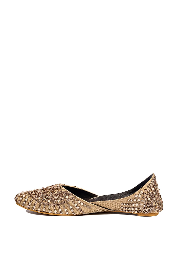 Gold Banarasi Brocade Zardosi & Moti Work Juttis by ROHAN ARORA WOMENS at Pernia's Pop Up Shop