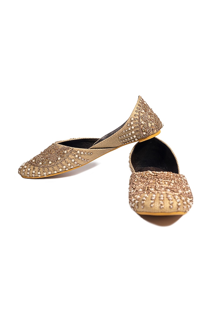 Gold Banarasi Brocade Zardosi & Moti Work Juttis by ROHAN ARORA WOMENS at Pernia's Pop Up Shop