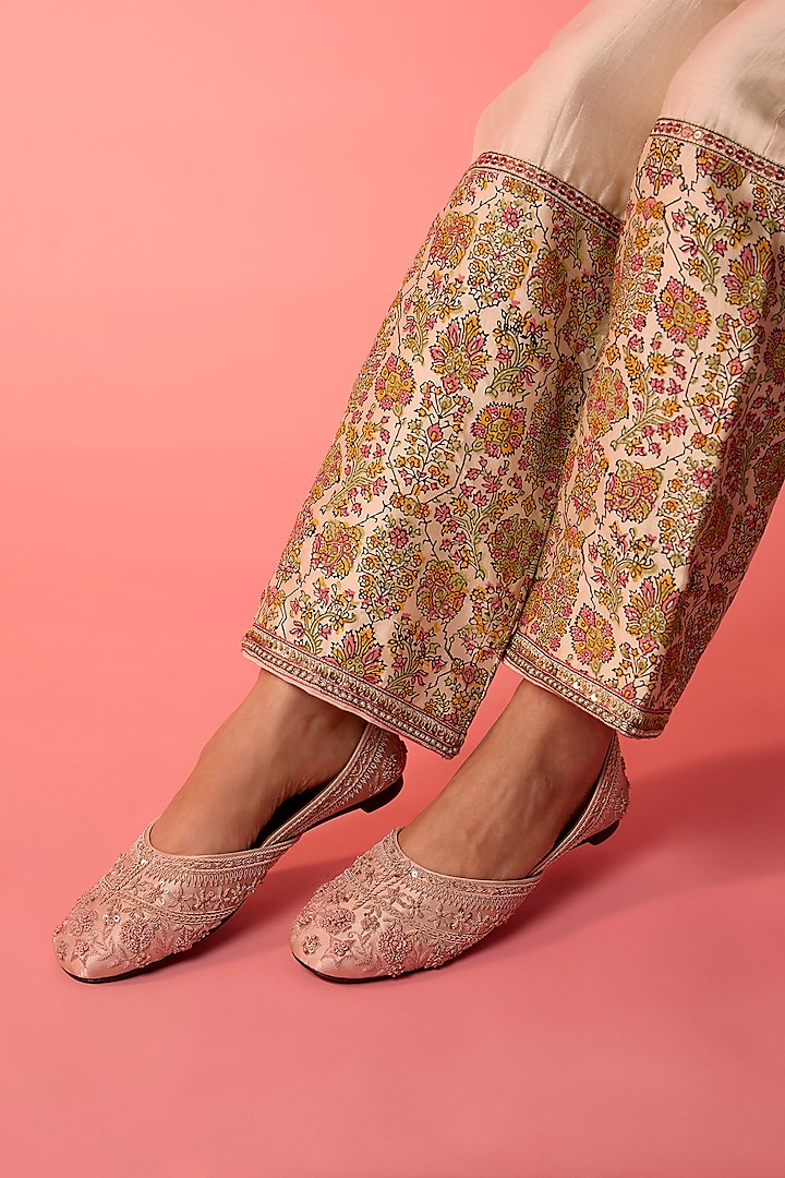 Light Pink Satin Silk & Genuine Leather Juttis by ROHAN ARORA WOMENS at Pernia's Pop Up Shop