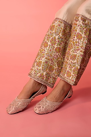 Light Pink Satin Silk & Genuine Leather Juttis by ROHAN ARORA WOMENS