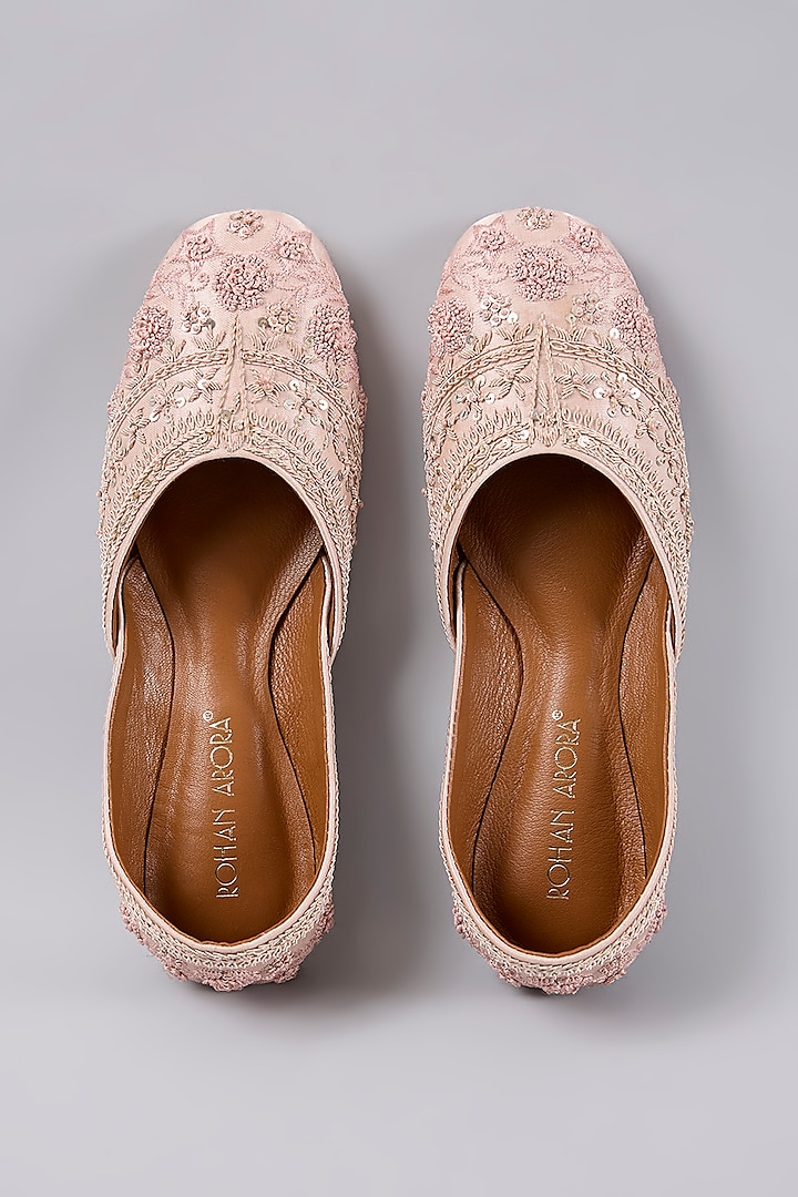 Light Pink Satin Silk & Genuine Leather Juttis by ROHAN ARORA WOMENS at Pernia's Pop Up Shop