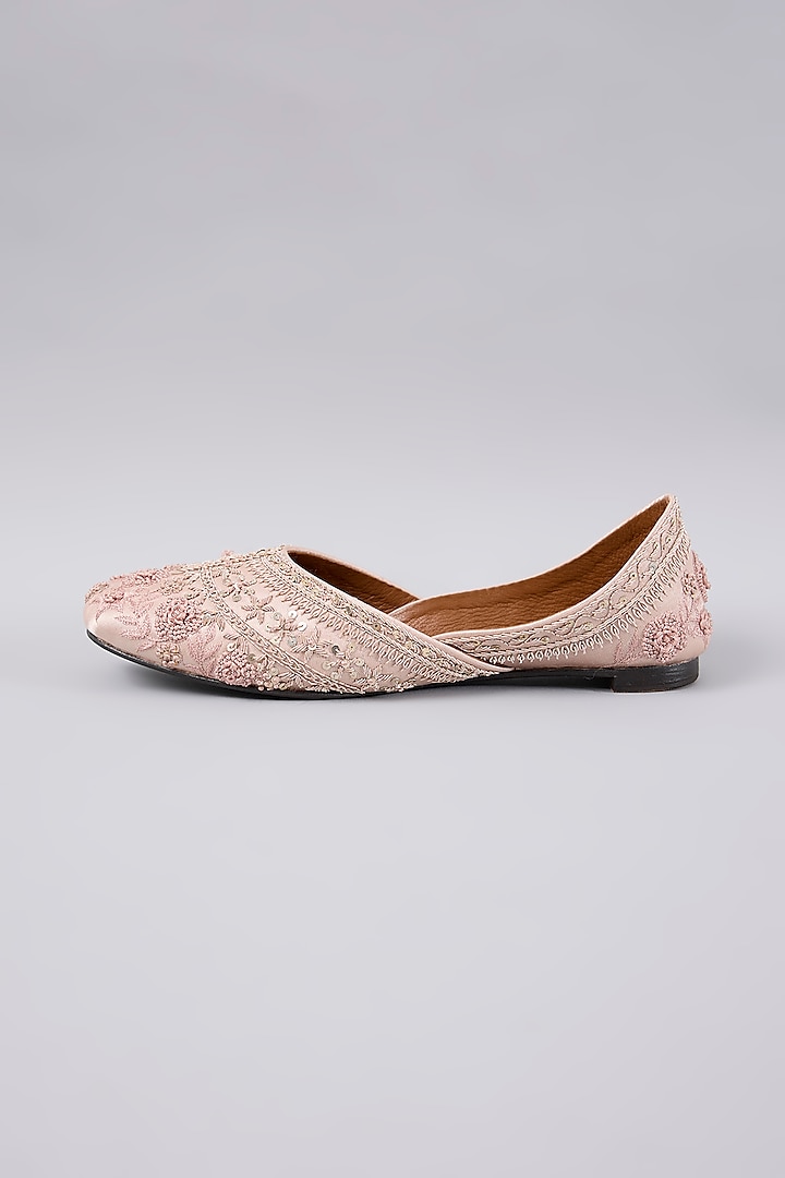 Light Pink Satin Silk & Genuine Leather Juttis by ROHAN ARORA WOMENS at Pernia's Pop Up Shop
