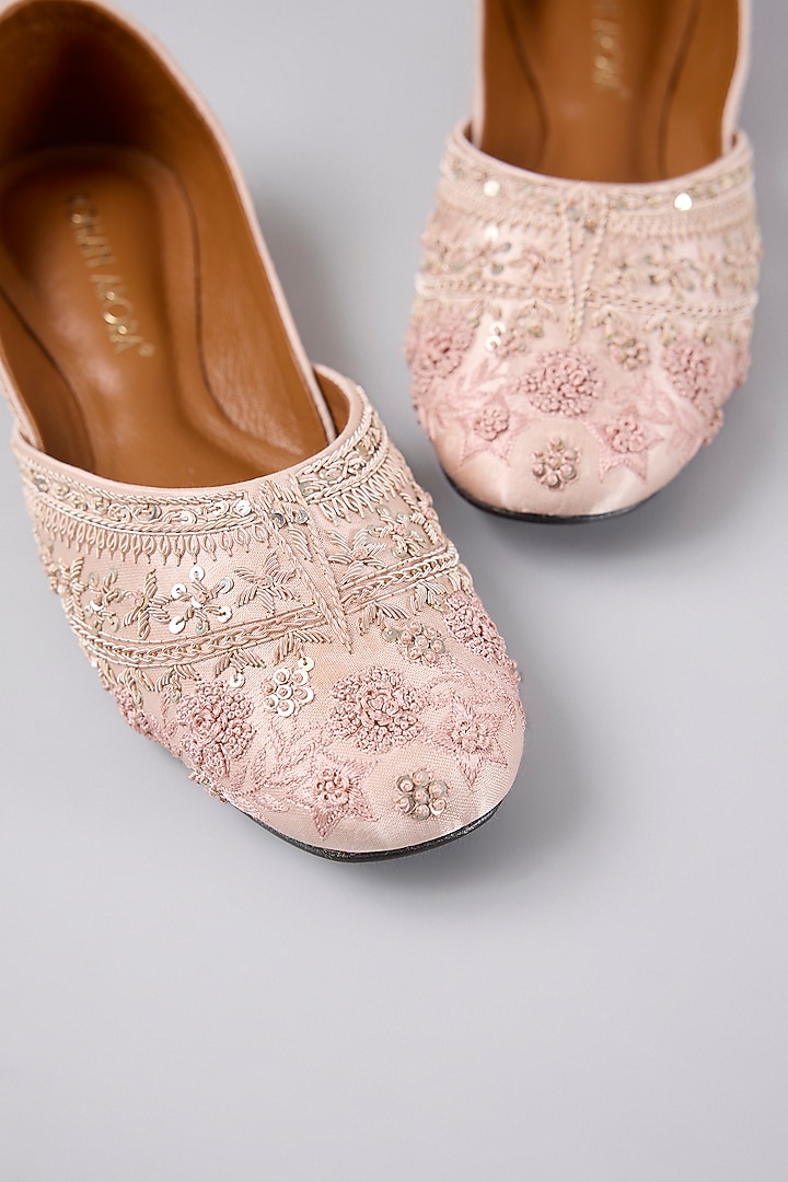 Light Pink Satin Silk & Genuine Leather Juttis by ROHAN ARORA WOMENS at Pernia's Pop Up Shop