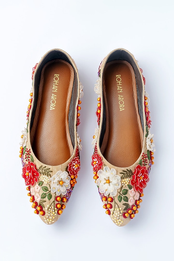 Beige Silk Resham & 3D Floral Embroidered Juttis by ROHAN ARORA WOMENS at Pernia's Pop Up Shop