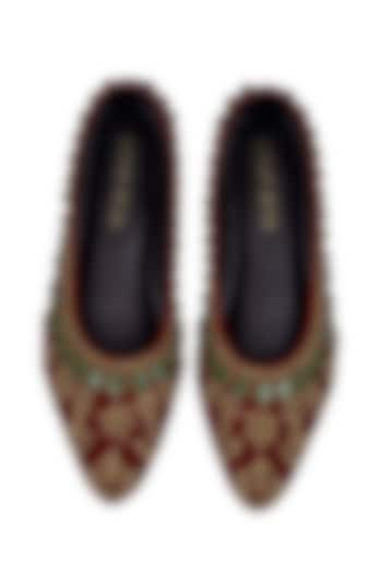 Red Velvet Zardosi & Bead Work Juttis by ROHAN ARORA WOMENS at Pernia's Pop Up Shop