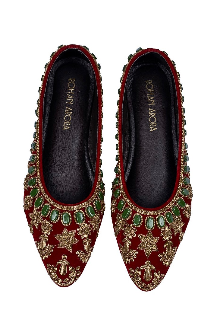 Red Velvet Zardosi & Bead Work Juttis by ROHAN ARORA WOMENS at Pernia's Pop Up Shop