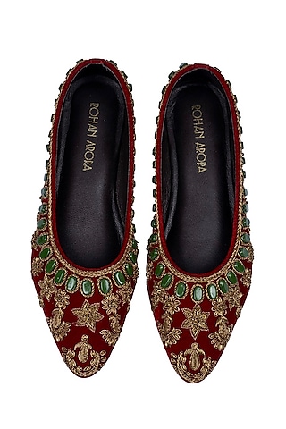 Red Velvet Zardosi & Bead Work Juttis by ROHAN ARORA WOMENS