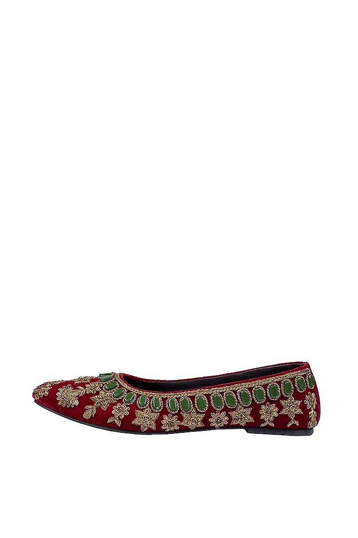 Red Velvet Zardosi & Bead Work Juttis by ROHAN ARORA WOMENS at Pernia's Pop Up Shop