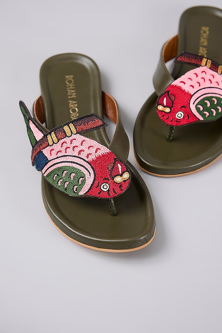 Olive Leather Sandals by ROHAN ARORA WOMENS at Pernia's Pop Up Shop