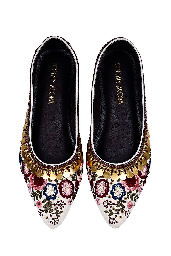 Multi-Colored Silk Resham Embroidered Juttis by ROHAN ARORA WOMENS at Pernia's Pop Up Shop