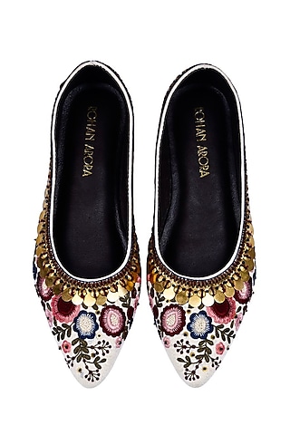 Multi-Colored Silk Resham Embroidered Juttis by ROHAN ARORA WOMENS