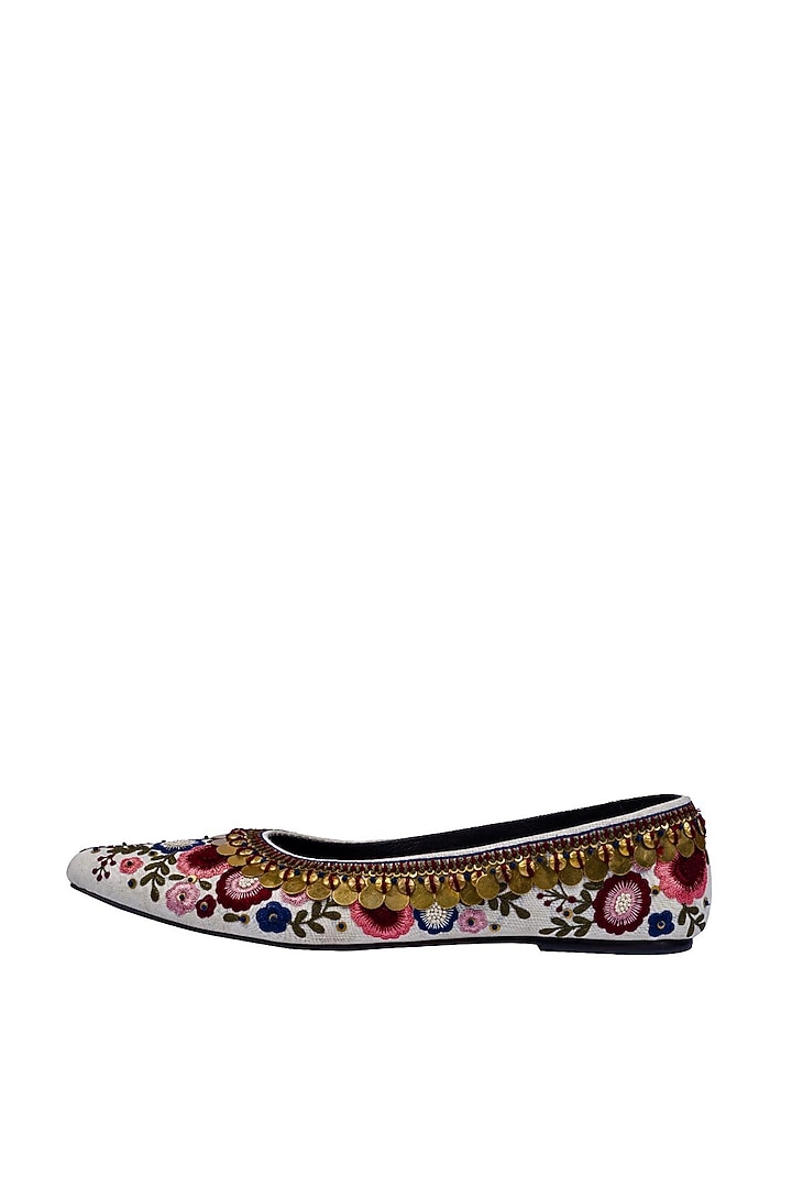 Multi-Colored Silk Resham Embroidered Juttis by ROHAN ARORA WOMENS at Pernia's Pop Up Shop