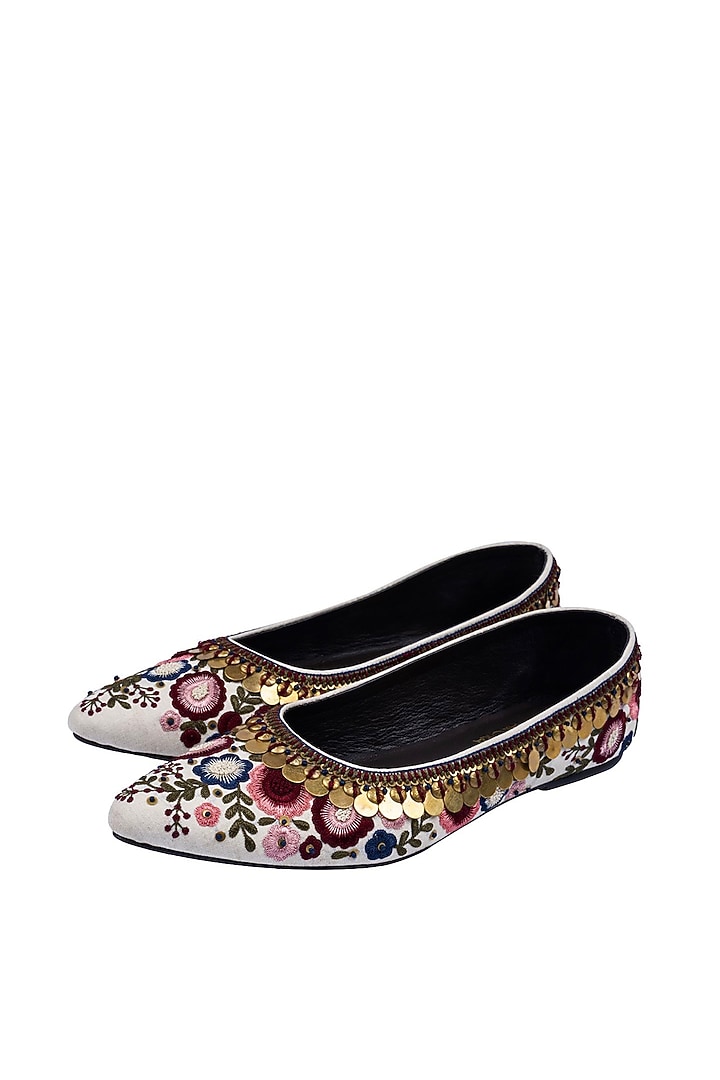 Multi-Colored Silk Resham Embroidered Juttis by ROHAN ARORA WOMENS at Pernia's Pop Up Shop