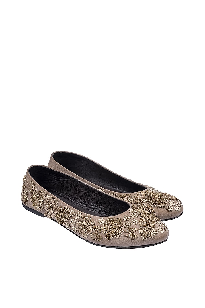Nude Silk Zardosi & Resham Embroidered Juttis by ROHAN ARORA WOMENS at Pernia's Pop Up Shop