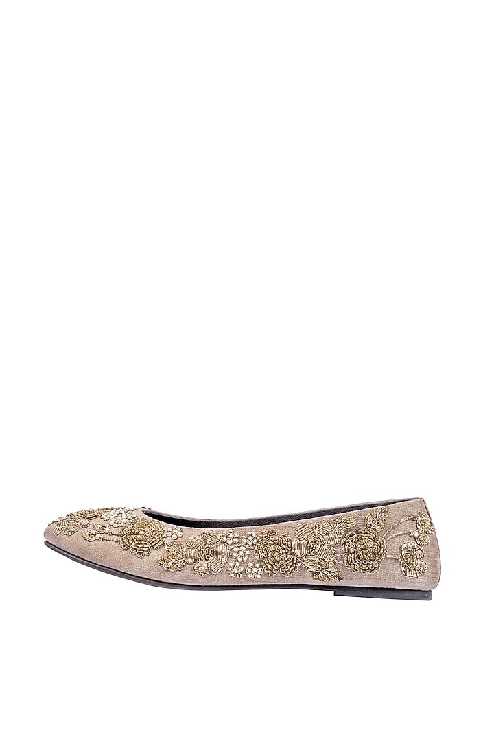 Nude Silk Zardosi & Resham Embroidered Juttis by ROHAN ARORA WOMENS at Pernia's Pop Up Shop