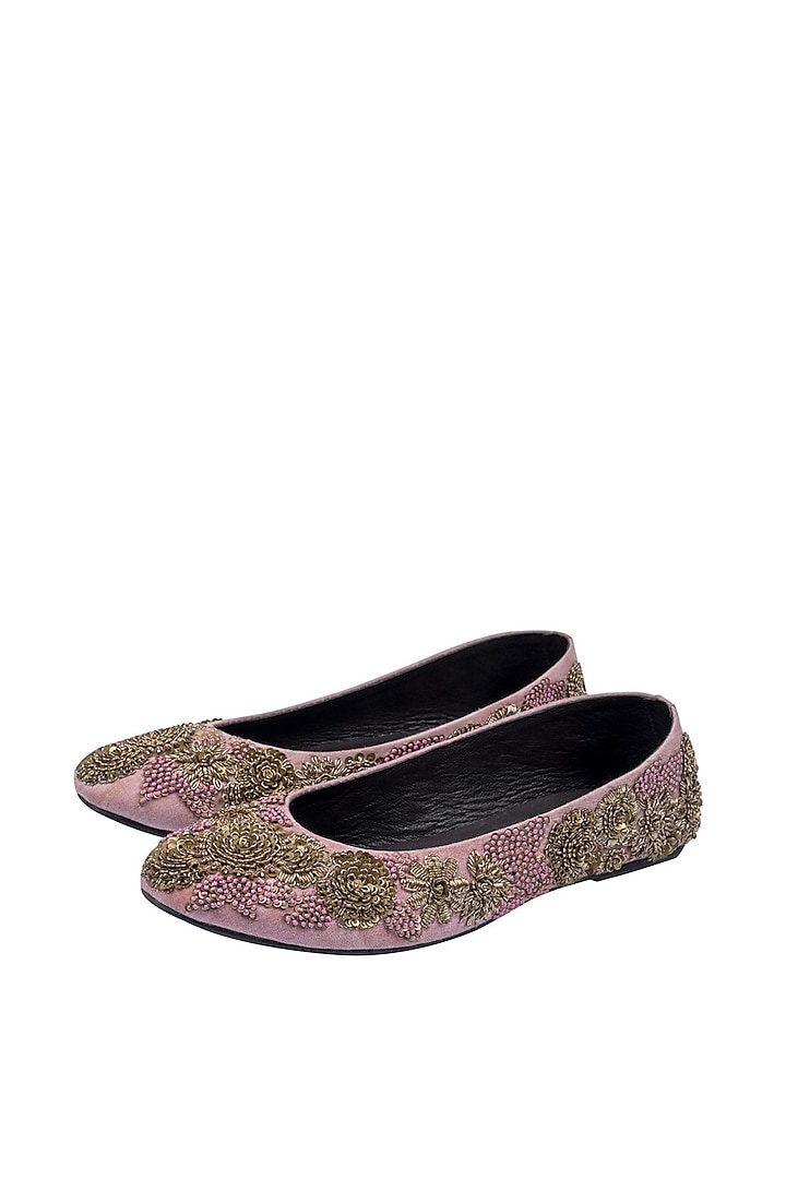Blush Pink Silk Zardosi Embroidered Juttis by ROHAN ARORA WOMENS at Pernia's Pop Up Shop
