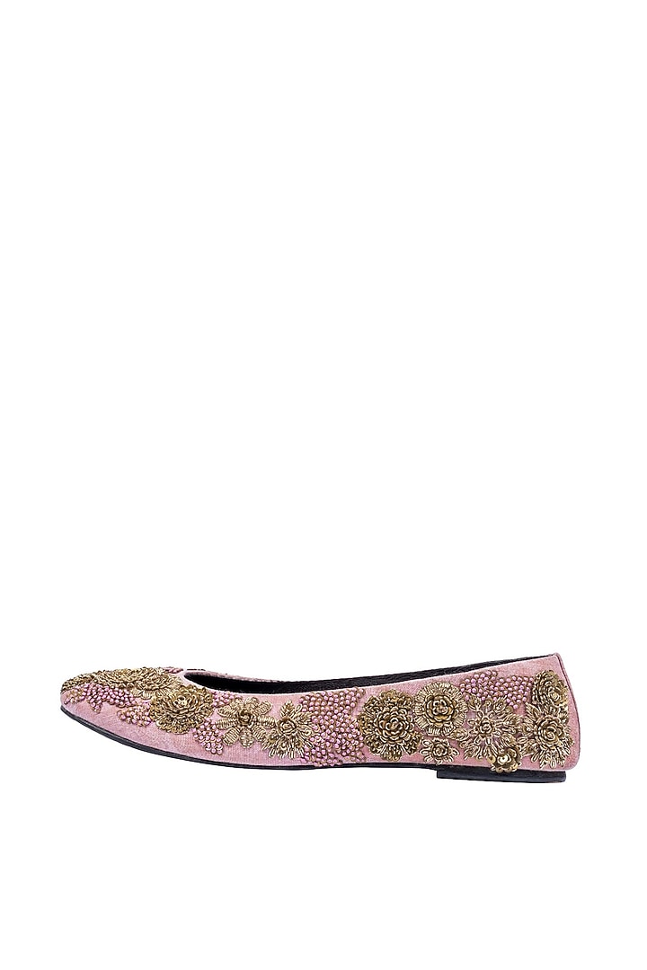 Blush Pink Silk Zardosi Embroidered Juttis by ROHAN ARORA WOMENS at Pernia's Pop Up Shop