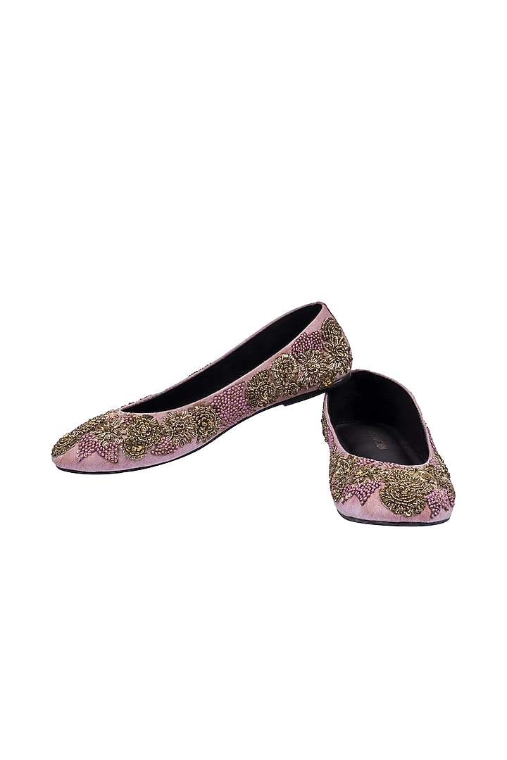 Blush Pink Silk Zardosi Embroidered Juttis by ROHAN ARORA WOMENS at Pernia's Pop Up Shop