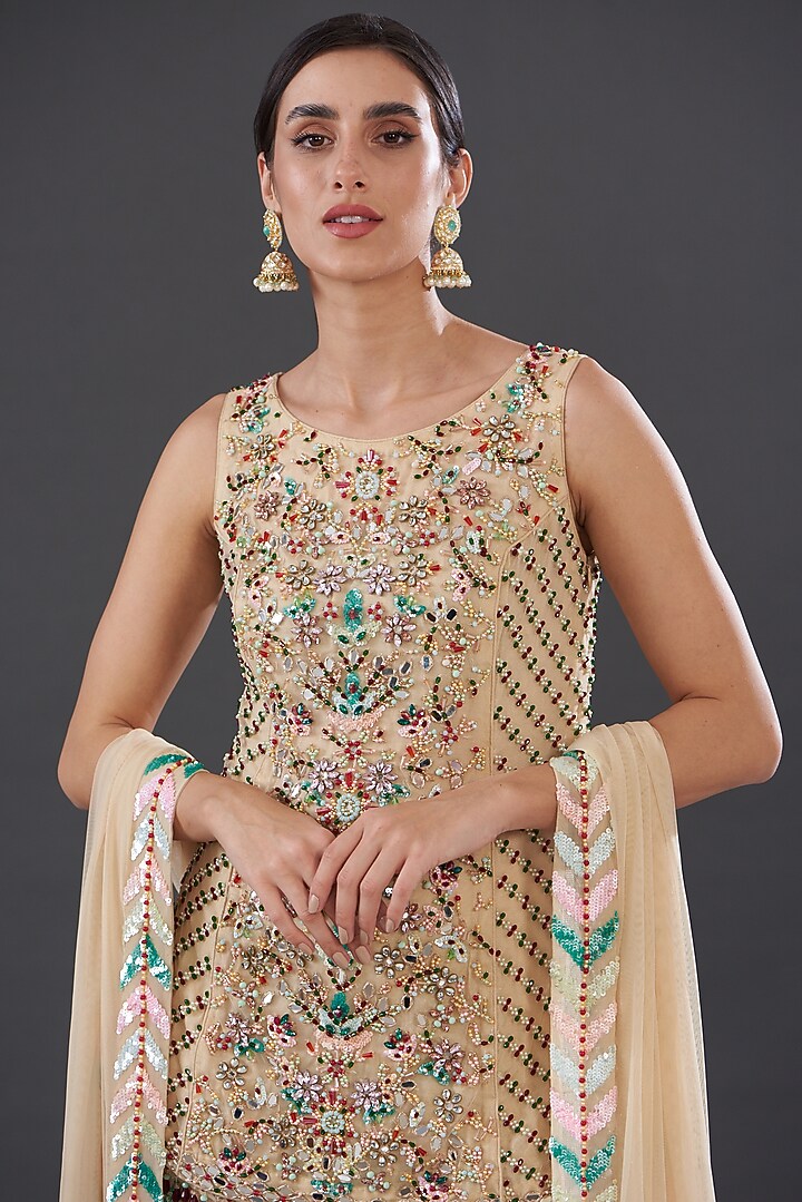 Beige Net Embroidered Bridal Sharara Set by Rococo by raghvi at Pernia's Pop Up Shop
