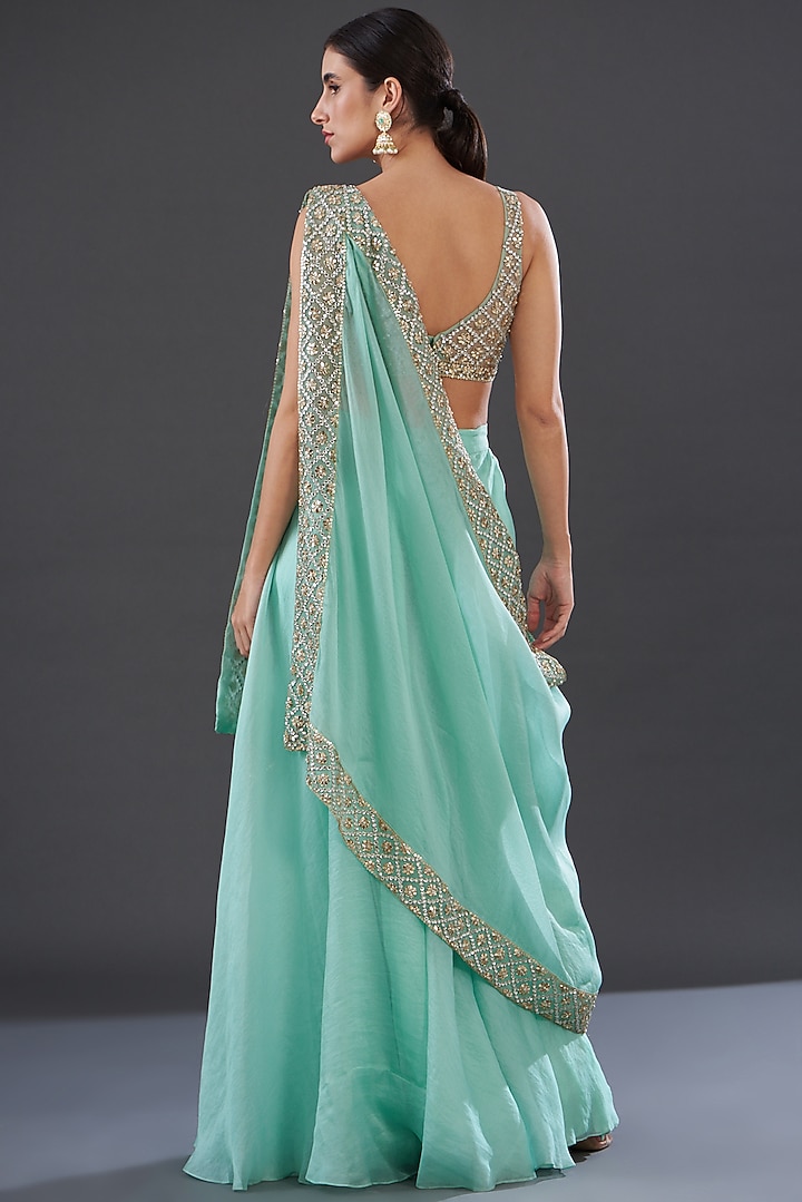 Blue Net & Organza Wedding Sharara Set by Rococo by raghvi at Pernia's Pop Up Shop