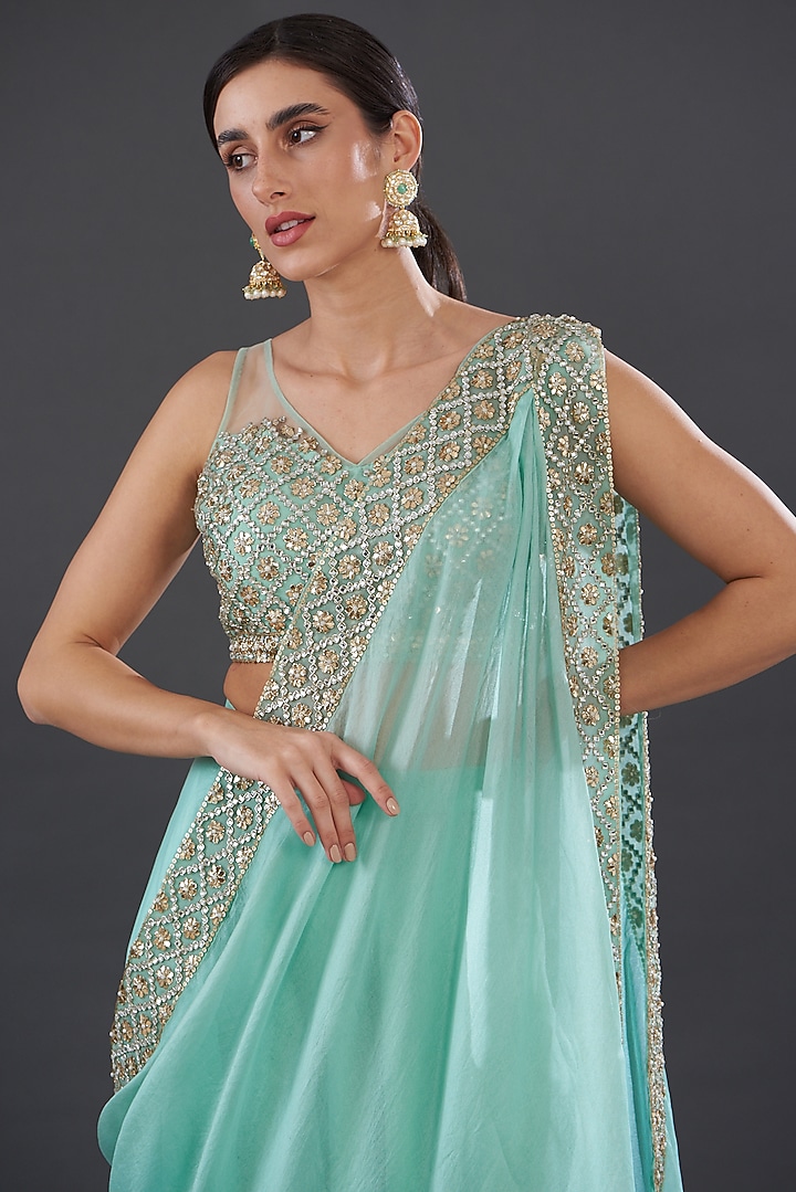 Blue Net & Organza Wedding Sharara Set by Rococo by raghvi at Pernia's Pop Up Shop