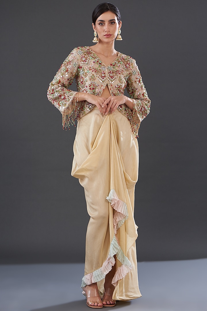 Beige Organza & Silk Skirt Set by Rococo by raghvi