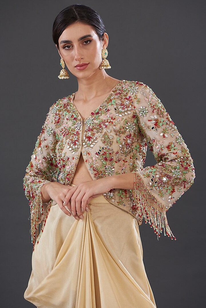 Beige Organza & Silk Skirt Set by Rococo by raghvi at Pernia's Pop Up Shop
