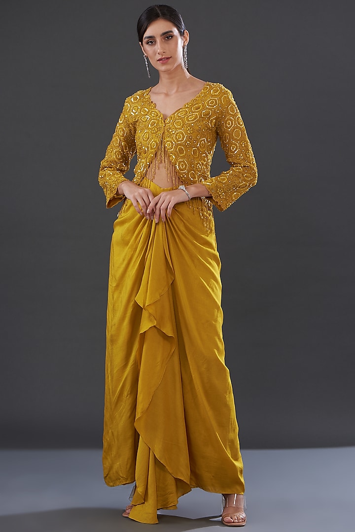 Mustard Organza & Silk Skirt Set by Rococo by raghvi