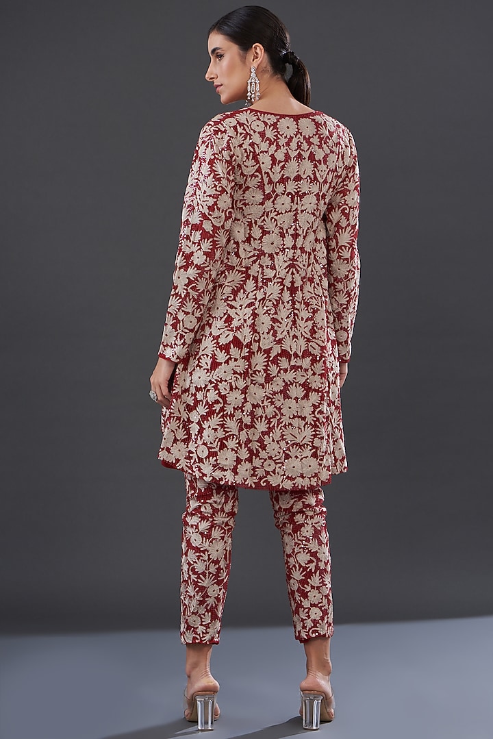 Red Net & Crepe Embroidered Kurta Set by Rococo by raghvi at Pernia's Pop Up Shop