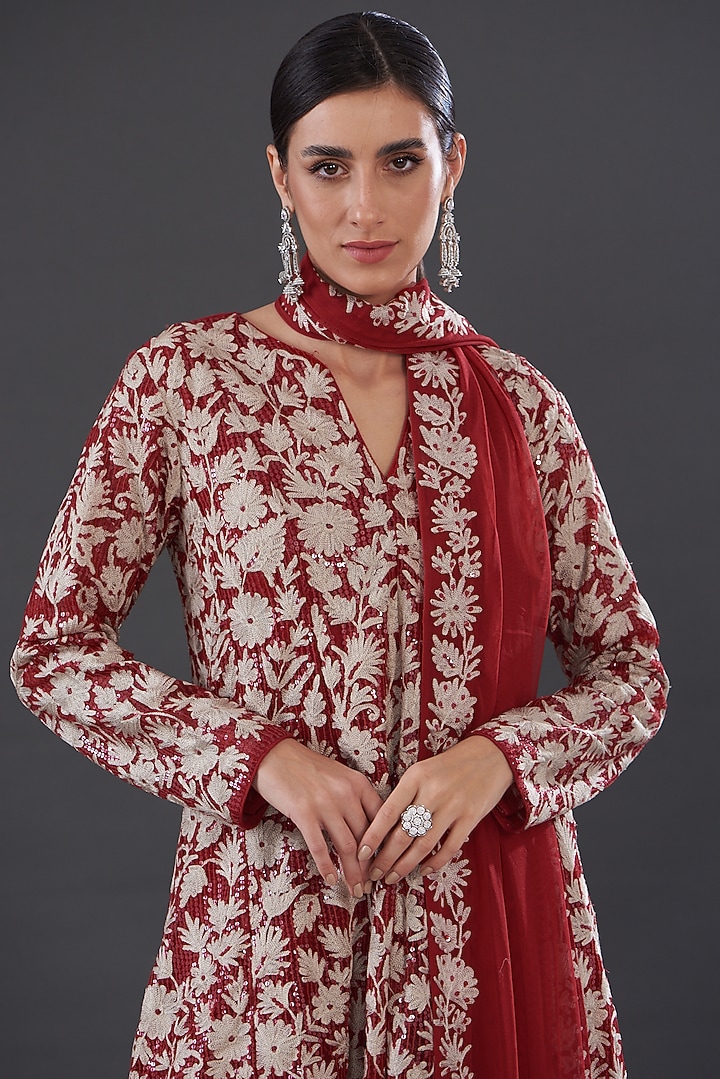 Red Net & Crepe Embroidered Kurta Set by Rococo by raghvi at Pernia's Pop Up Shop