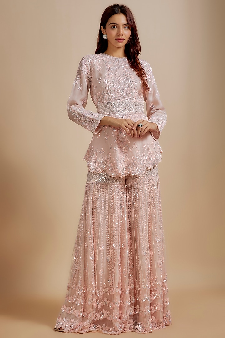 Blush Net Embroidered Pant Set by Rococo by raghvi