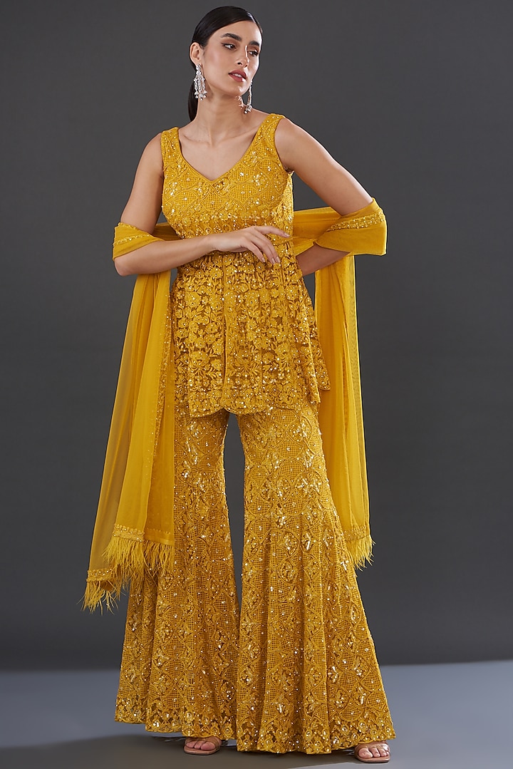 Mustard Net Embroidered Sharara Set by Rococo by raghvi at Pernia's Pop Up Shop