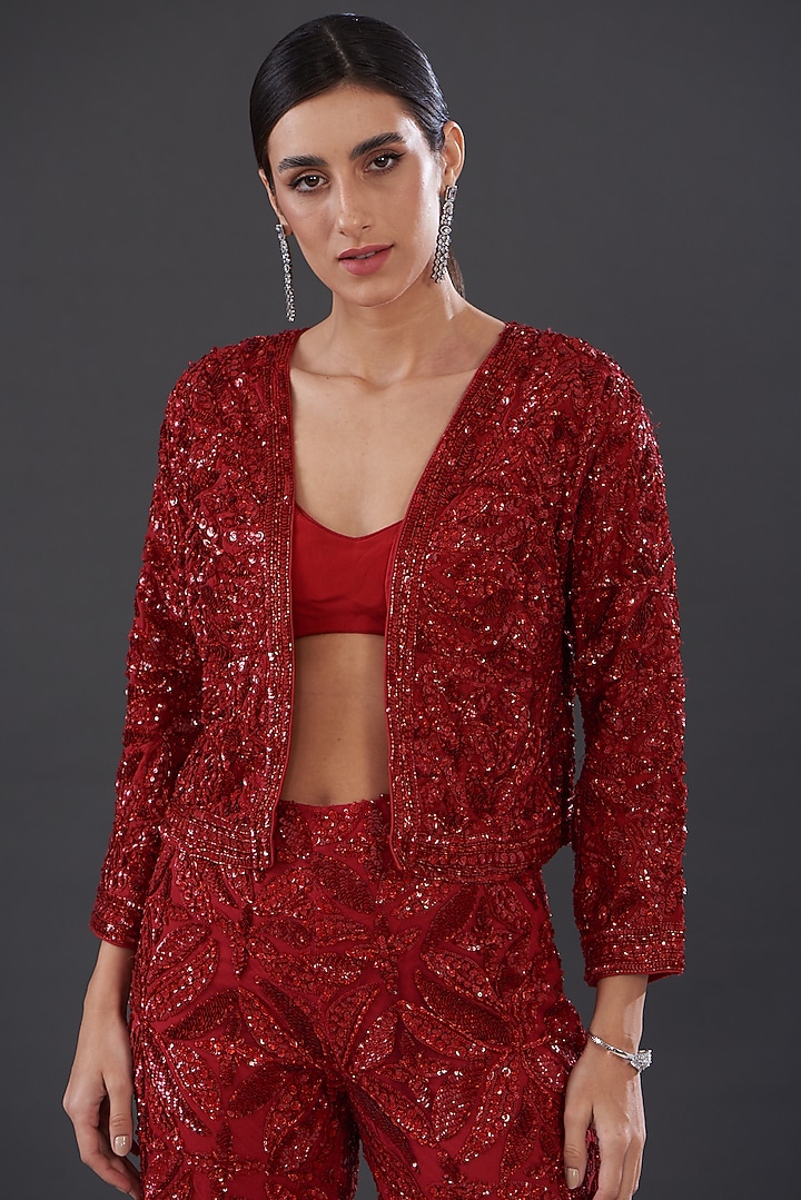 Red Organza & Net Embroidered Bridal Sharara Set by Rococo by raghvi at Pernia's Pop Up Shop