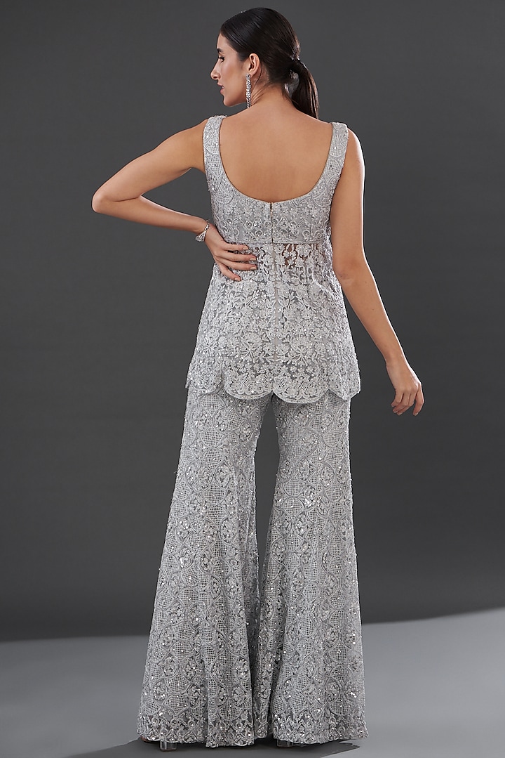 Grey Net Embroidered Bridal Sharara Set by Rococo by raghvi at Pernia's Pop Up Shop