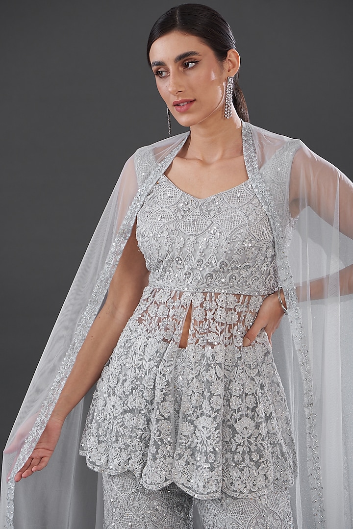Grey Net Embroidered Bridal Sharara Set by Rococo by raghvi at Pernia's Pop Up Shop