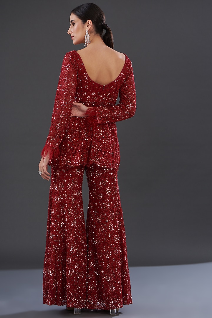 Red Net Embroidered Bridal Sharara Set by Rococo by raghvi at Pernia's Pop Up Shop