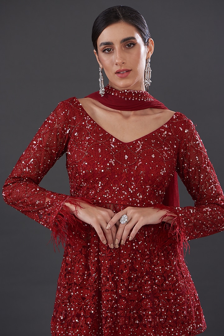 Red Net Embroidered Bridal Sharara Set by Rococo by raghvi at Pernia's Pop Up Shop